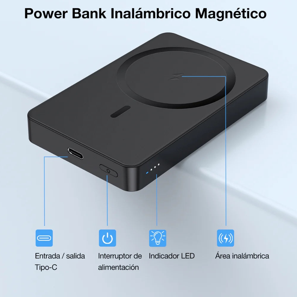 Bateria 1hora magsafe portatil magnetico inalambrico powerbank con cable usb-c 5000mah gar276 color negro