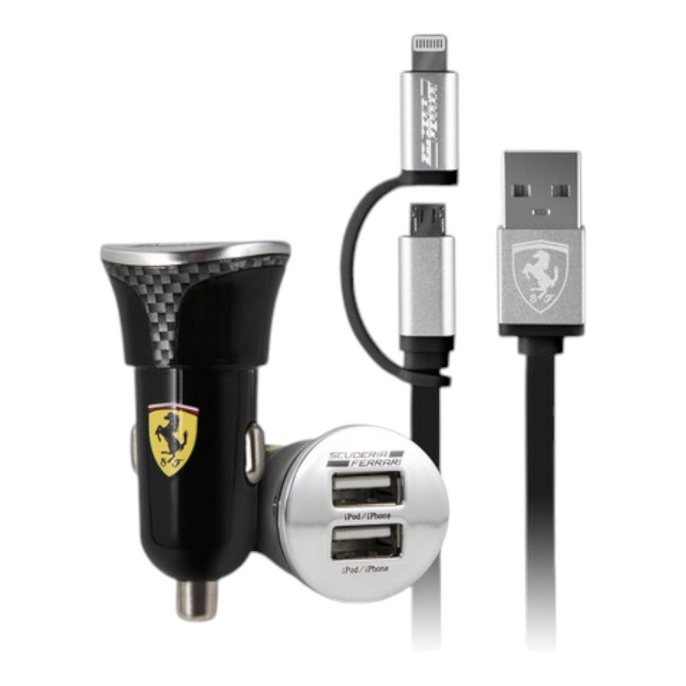 Cargador ferrari carro car charger - black pack carbon + mfi 2in1 cable color negro