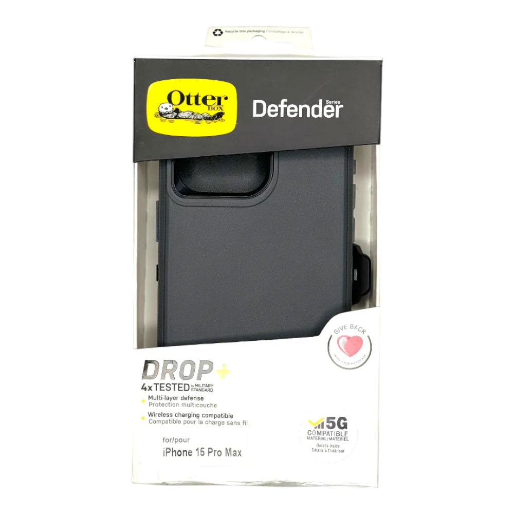 Estuche otterbox defender con clip color negro / gris modelo iphone 15 pro max