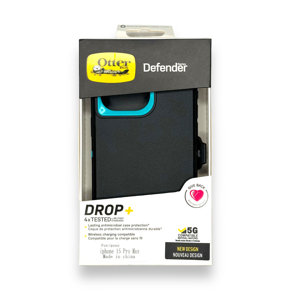 Estuche otterbox defender con clip color negro / menta modelo iphone 15 pro max