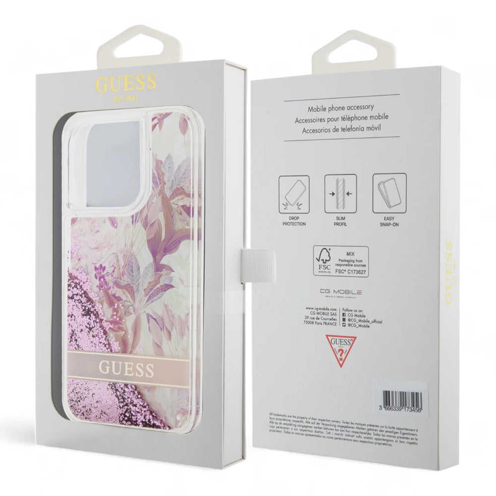 guess hard case iphone 15 pro pc/tpu pink hard case liquid glitter flower - guess color transparent