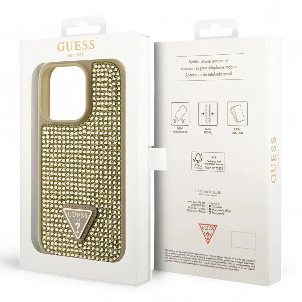 Estuche Guess Hard Case Iphone 15 Pro Pc/Tpu Gold Hard Case Rhinestone Triangle Color Dorado DIGITALSHOP