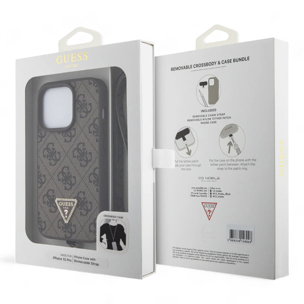 guess hard case iphone 15 pro pu leather brown hard case metal logo strass crossbody coffee color