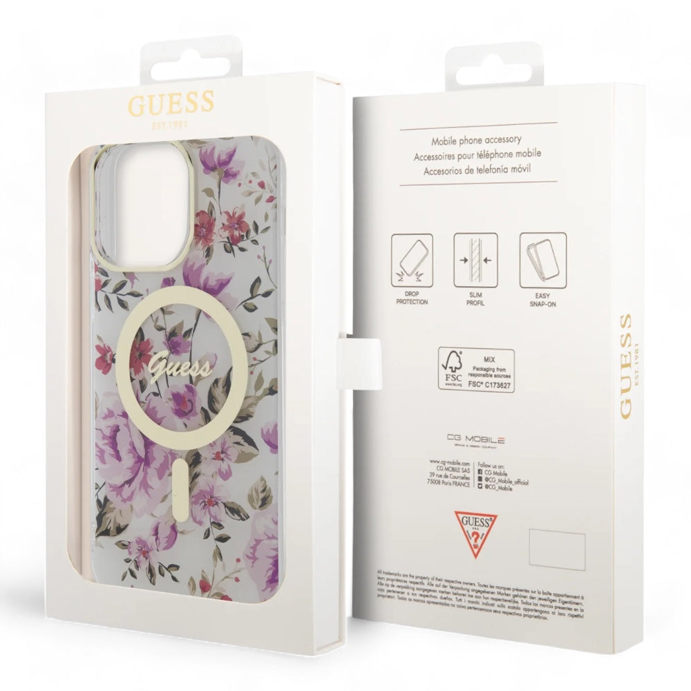 Estuche guess magsafe iphone 15 pro - pc/tpu purple hard case magsafe iml golden marble color morado