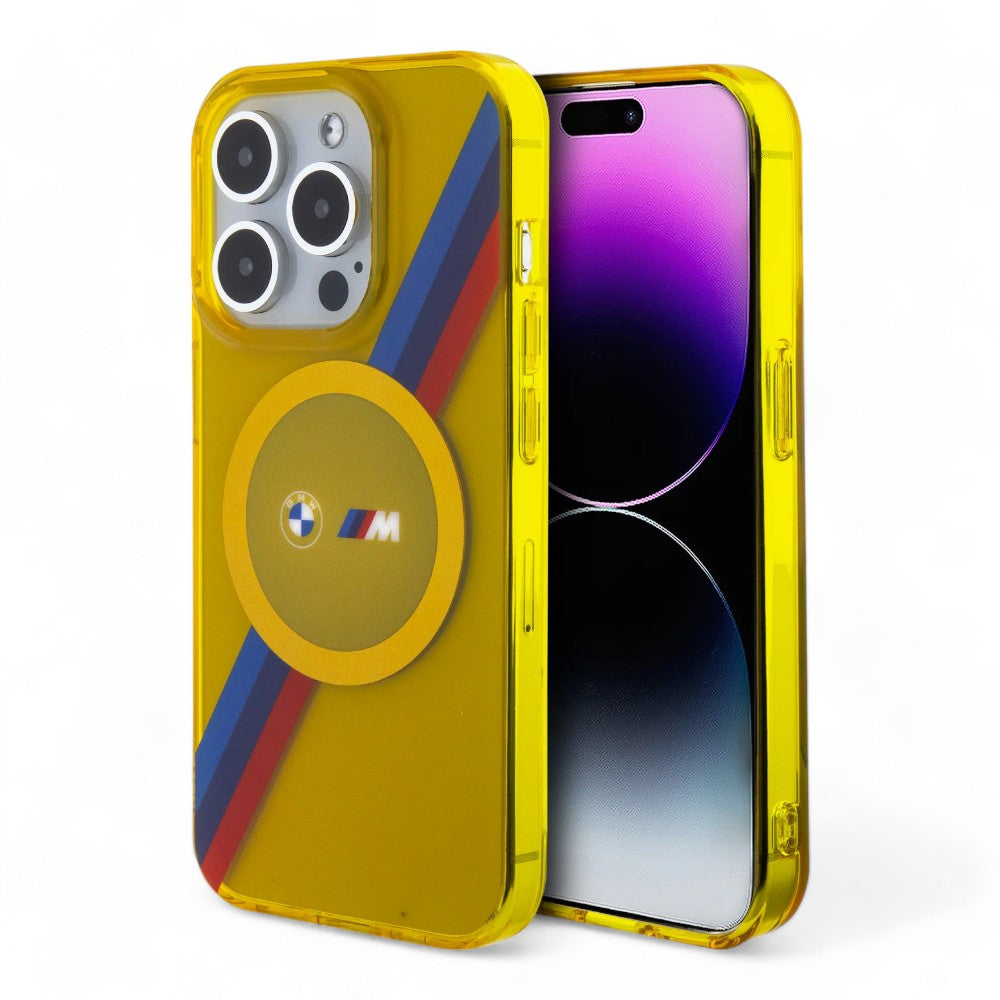 Estuche bmw magsafe iphone 15 pro pc/tpu yellow hard case magsafe m tricolor stripes color amarillo