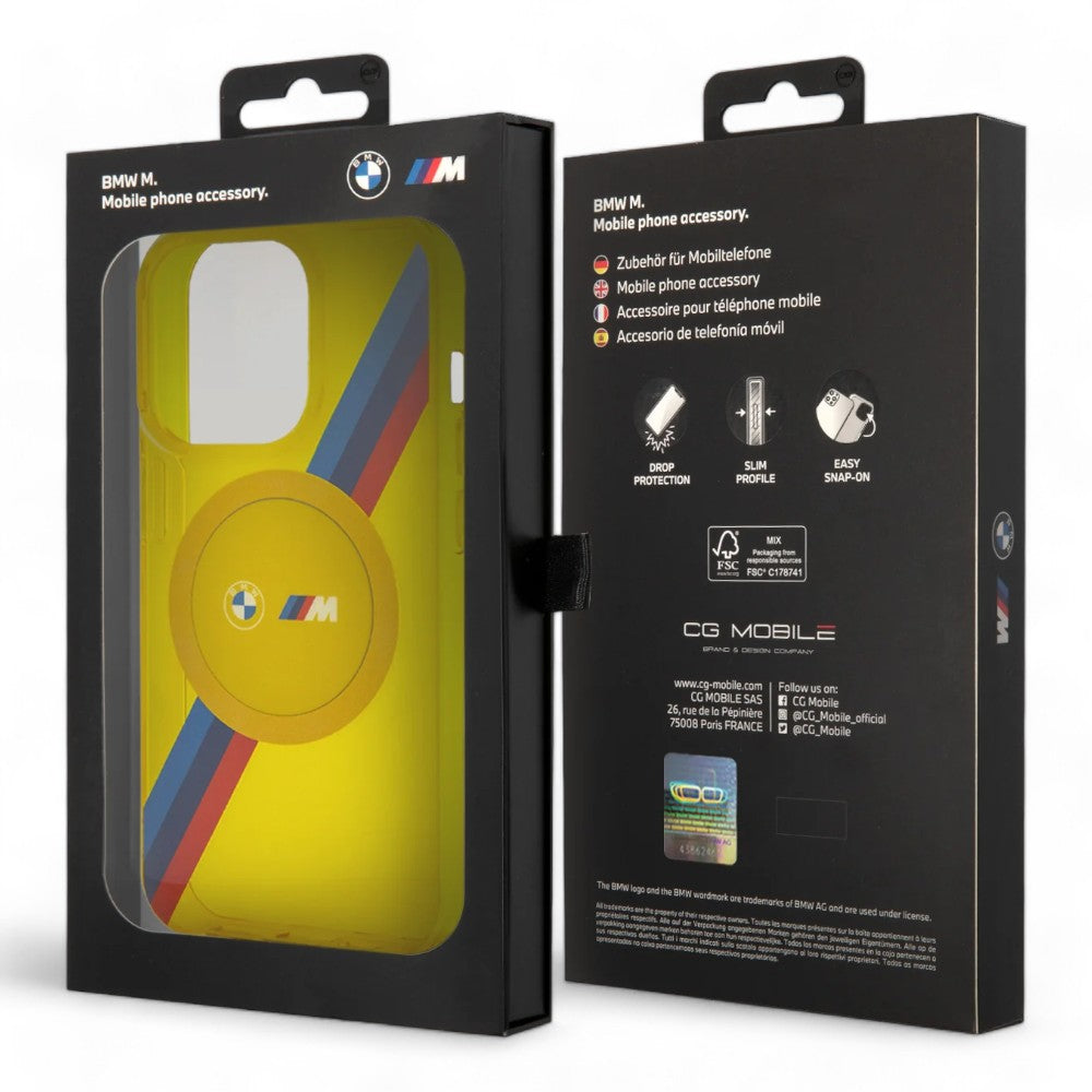 Estuche bmw magsafe iphone 15 pro pc/tpu yellow hard case magsafe m tricolor stripes color amarillo