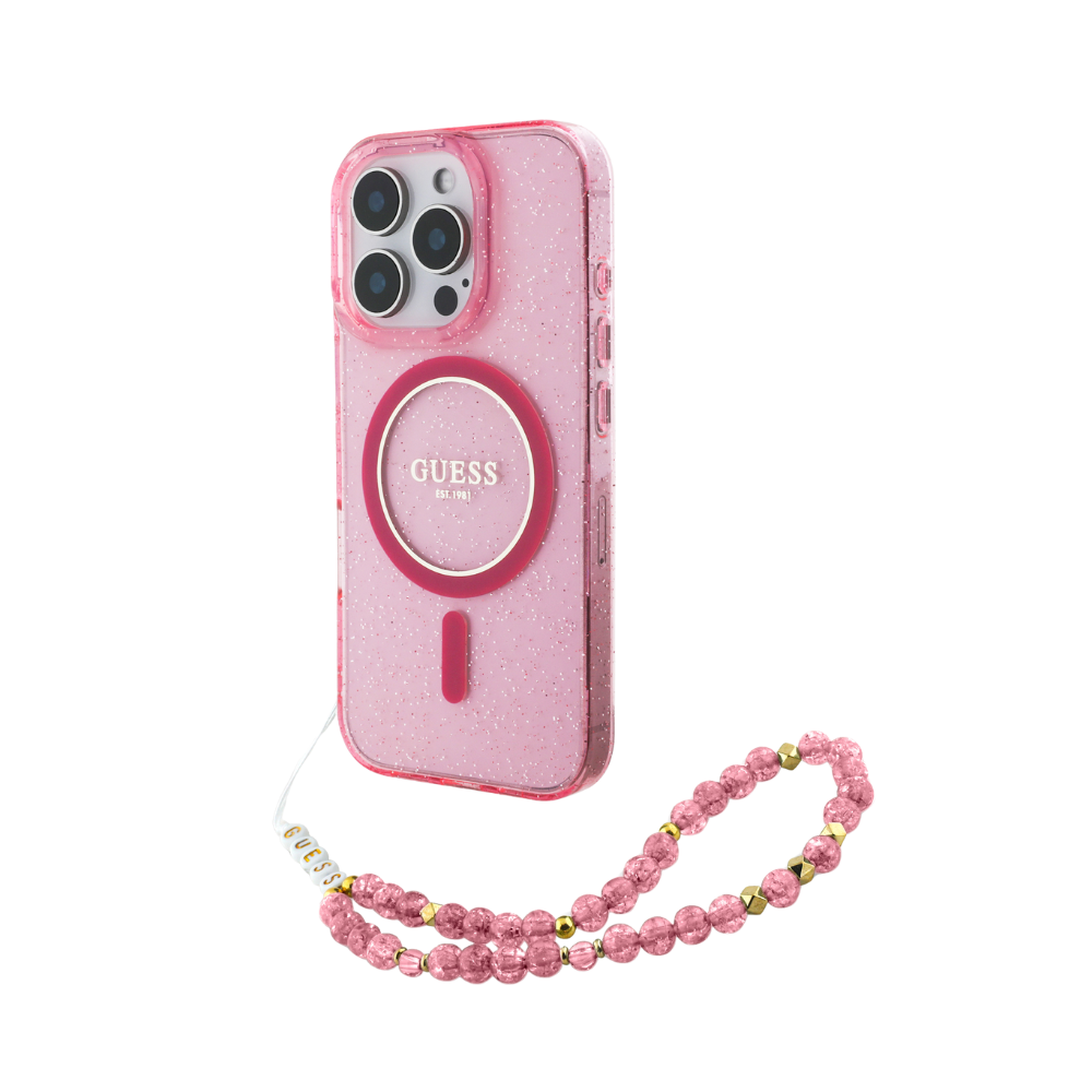 Guess hc magsafe iml glitter with pearl strap pink ip16 pro iphone 16 pro