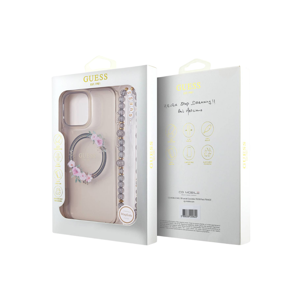 Guess hc magsafe grained pu w/flower charm strap pink iphone 16 pro