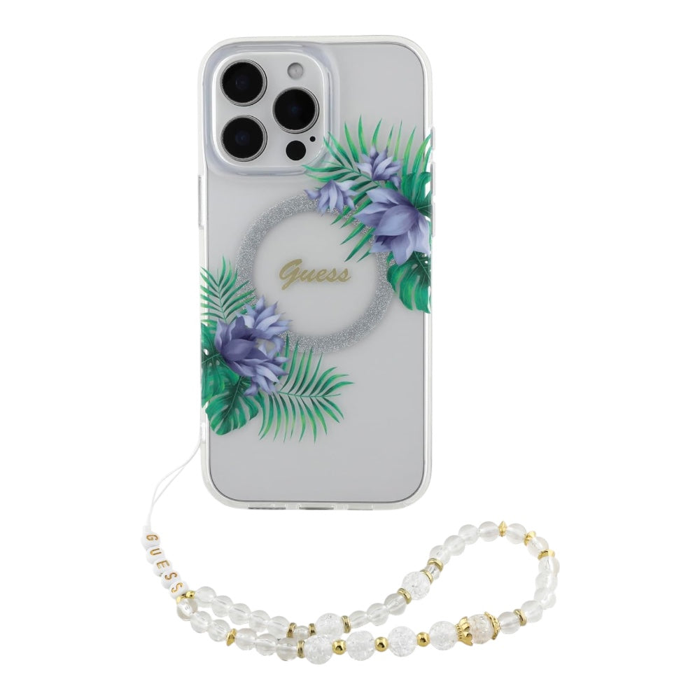 Guess hc magsafe iml flower wreath glitter w/ pearl strap white iphone 16 pro max