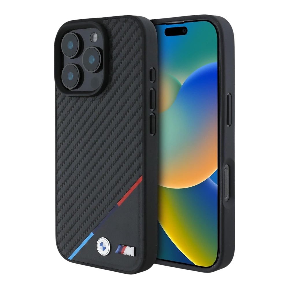 BMW hc m magsafe pu carbon tricolor line black iphone 16 pro