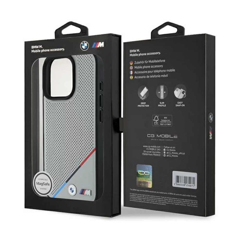 BMW hc m magsafe pu perforated tricolor line grey iphone 16 pro