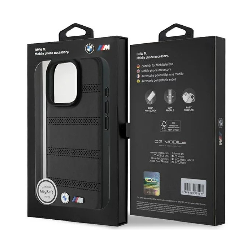BMW hc m magsafe pu perforated and stitched lines black iphone 16 pro
