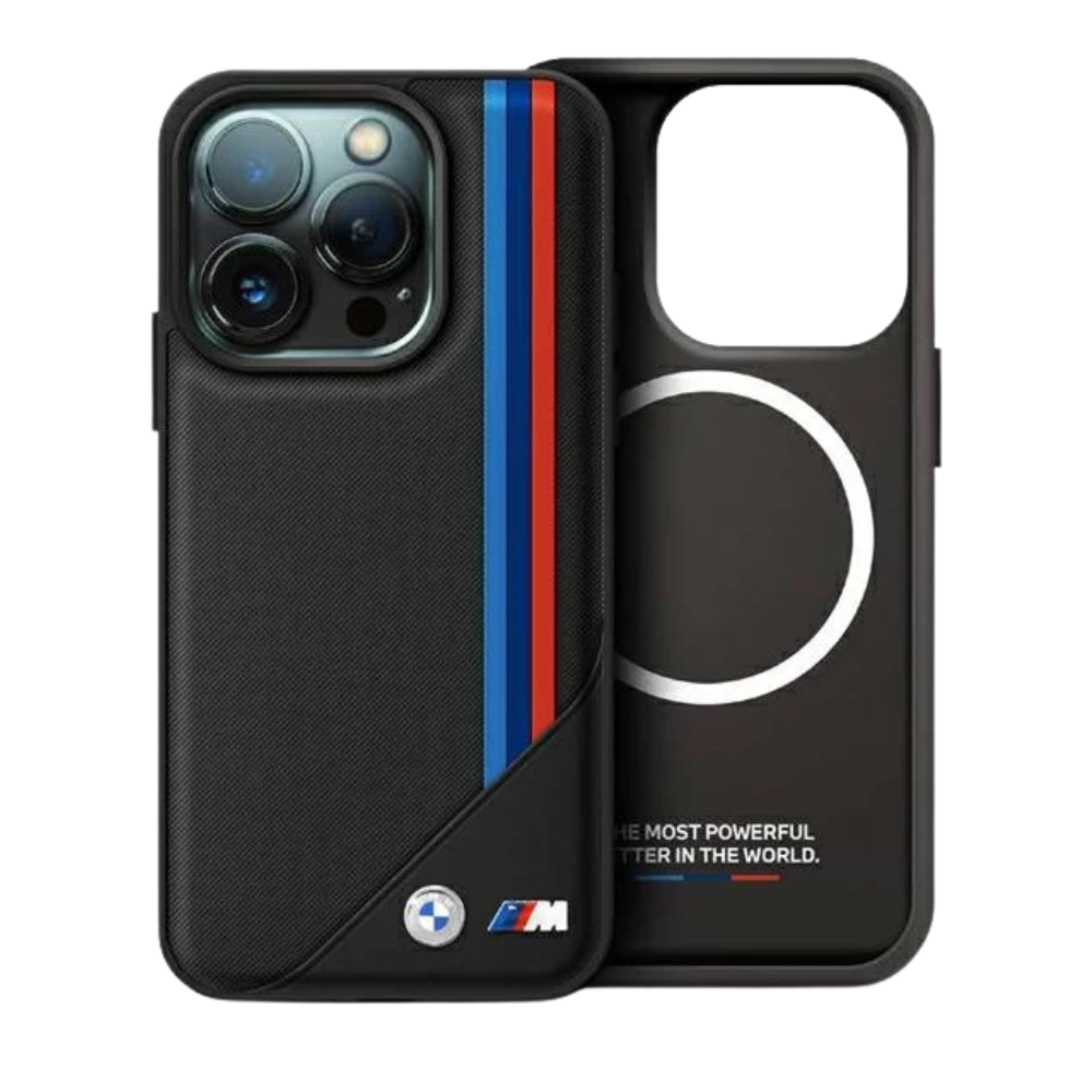 BMW hc m magsafe pu meshed tricolor stripes black iphone 16 pro