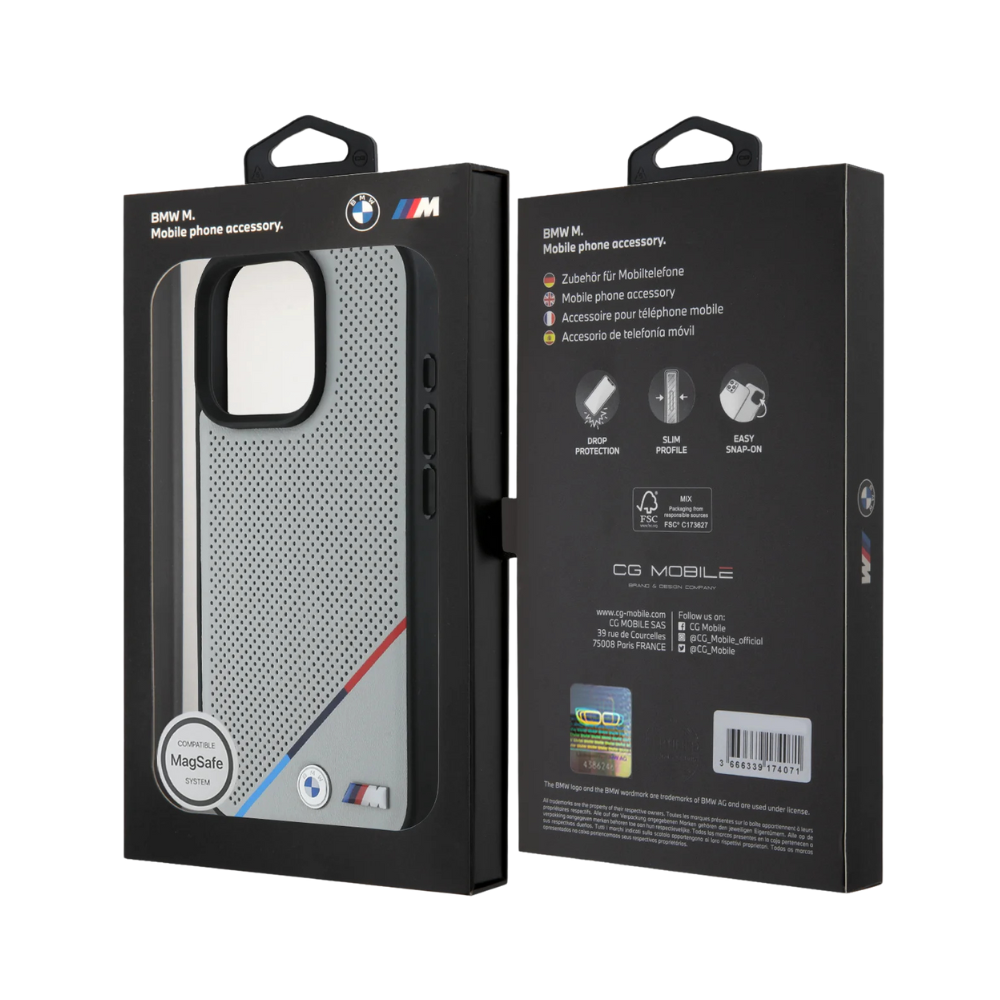 BMW hc m magsafe pu perforated tricolor line grey iphone 16 pro max