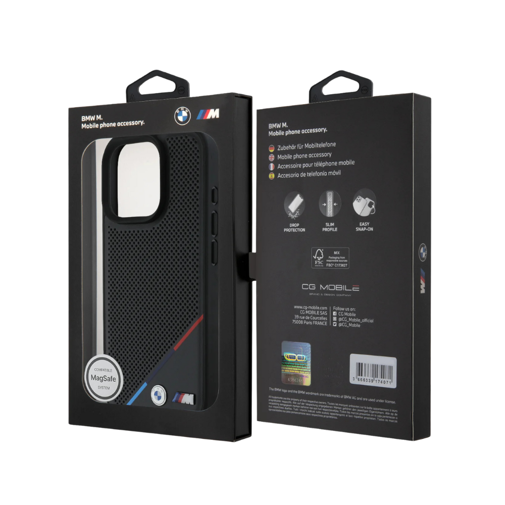 BMW hc m magsafe pu perforated tricolor line black iphone 16 pro max