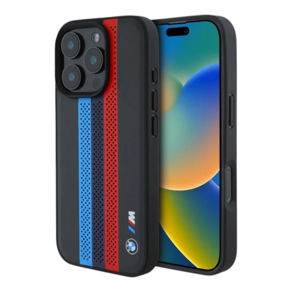 BMW hc m magsafe pu perf. tricolor printed stripes black iphone 16 pro max