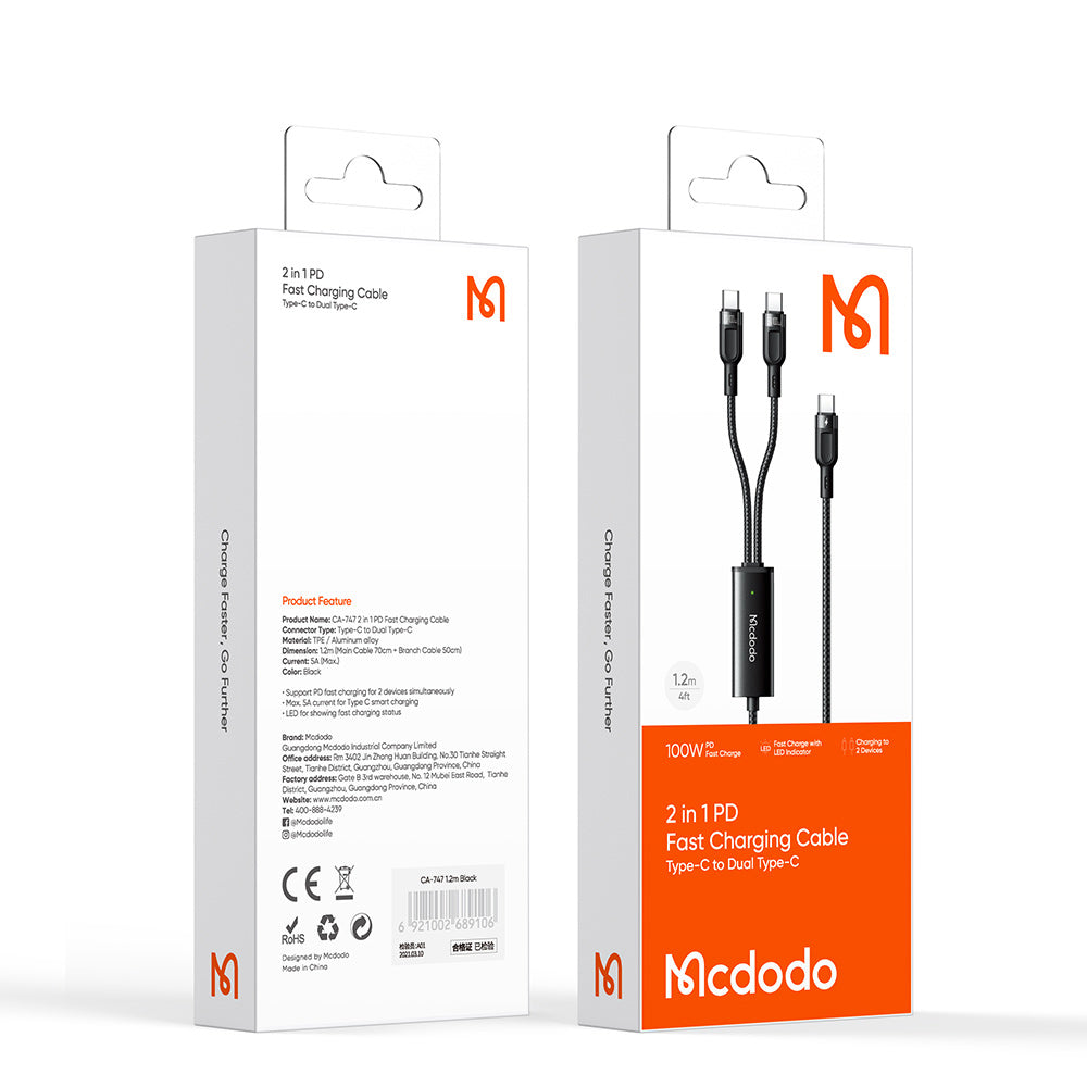 Mcdodo Cable Dual AC Adapter Type C 1.2M Black