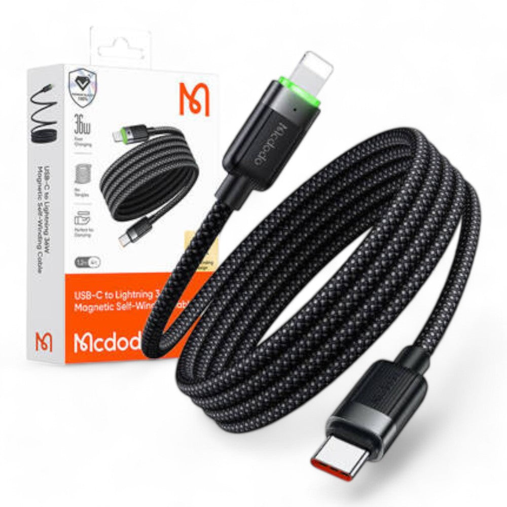 Cable mcdodo usb ca-201 usb-c to lightning 36w magnetic self-winding cable color negro DIGITALSHOP