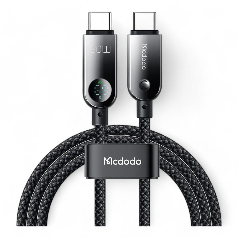 Cable mcdodo usb ca-478 usb-c 60w pd charging nylon braided 480mbps 1.2m cable digital display battery level color negro DIGITALSHOP