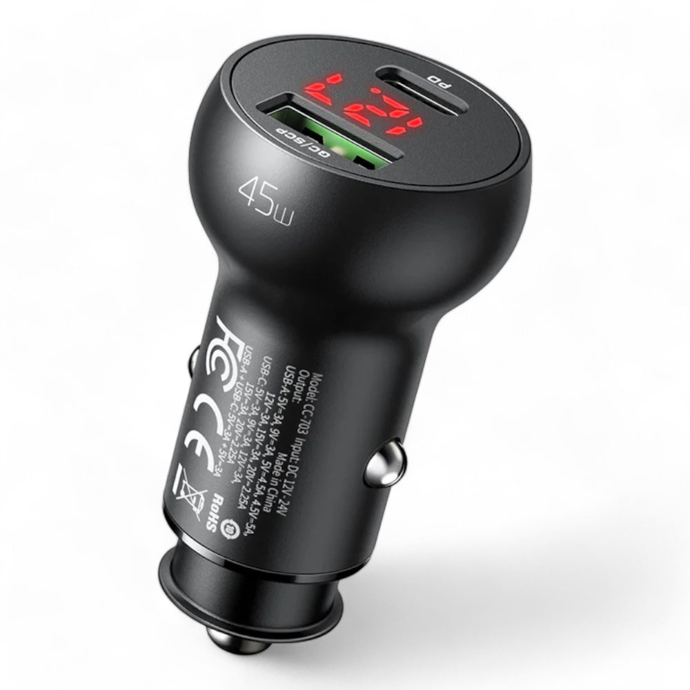 Cargador Mcdodo Carro Cc-7030 Mushrooms Series Pd 45W Type-C+Usb Ports Car Charger With Digital Display Color Negro