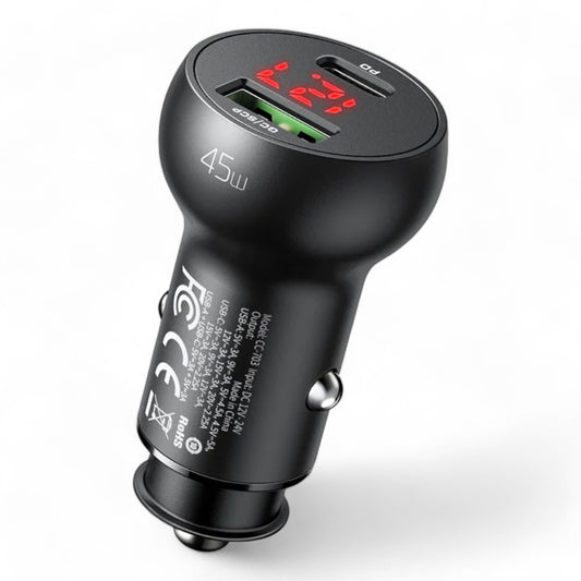 Cargador mcdodo carro cc-7030 mushrooms series pd 45w type-c+usb ports car charger with digital display color negro DIGITALSHOP