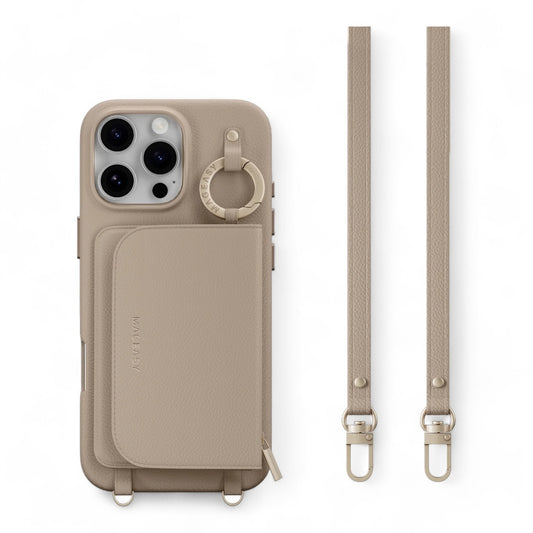 Estuche switcheasy wallet iphone 16 pro max pouch m wallet phone case with stand camel brown color café