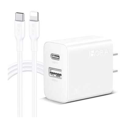 Cargador 1hora pared doble puerto usb c y usb a 20w y cable lighting gar163 color blanco