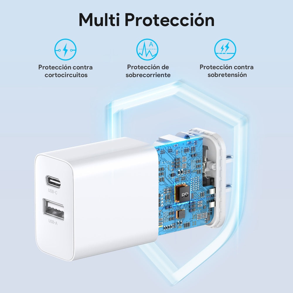 Cargador 1hora pared doble puerto usb c y usb a 20w y cable lighting gar163 color blanco