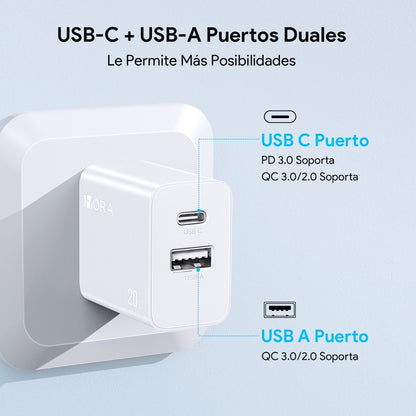 Cargador 1hora pared doble puerto usb c y usb a 20w y cable lighting gar163 color blanco