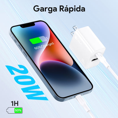 Cargador 1hora pared doble puerto usb c y usb a 20w y cable lighting gar163 color blanco