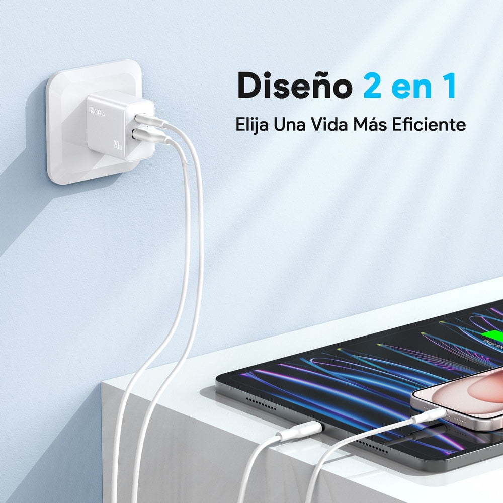 Cargador 1hora pared doble puerto usb c y usb a 20w y cable lighting gar163 color blanco