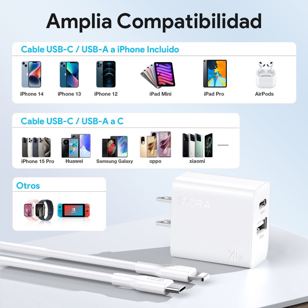 Cargador 1hora pared doble puerto usb c y usb a 20w y cable lighting gar163 color blanco