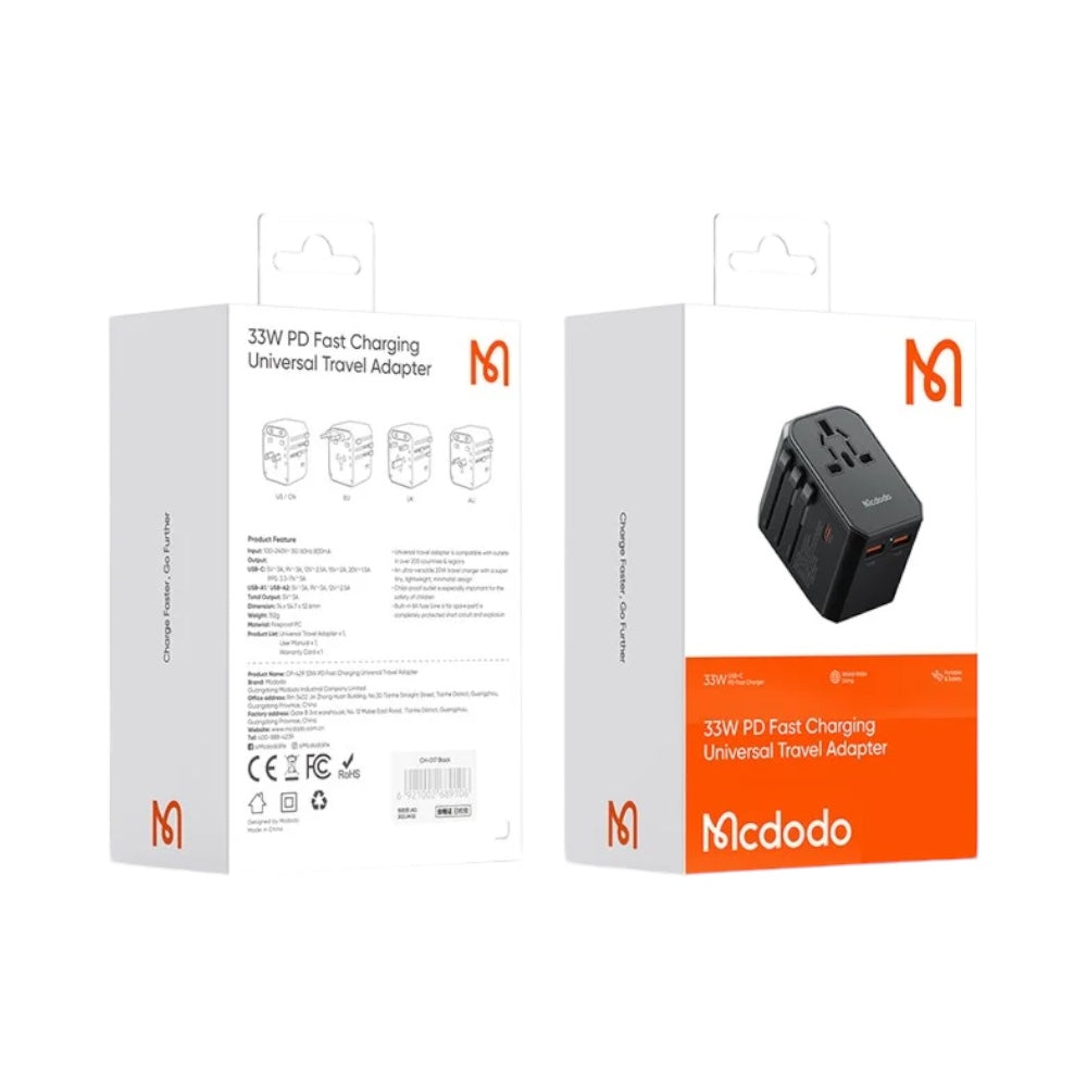 Cargador mcdodo cp-4290 pared  de viaje universal  de 33w 3 puertos carga r‡pida color negro