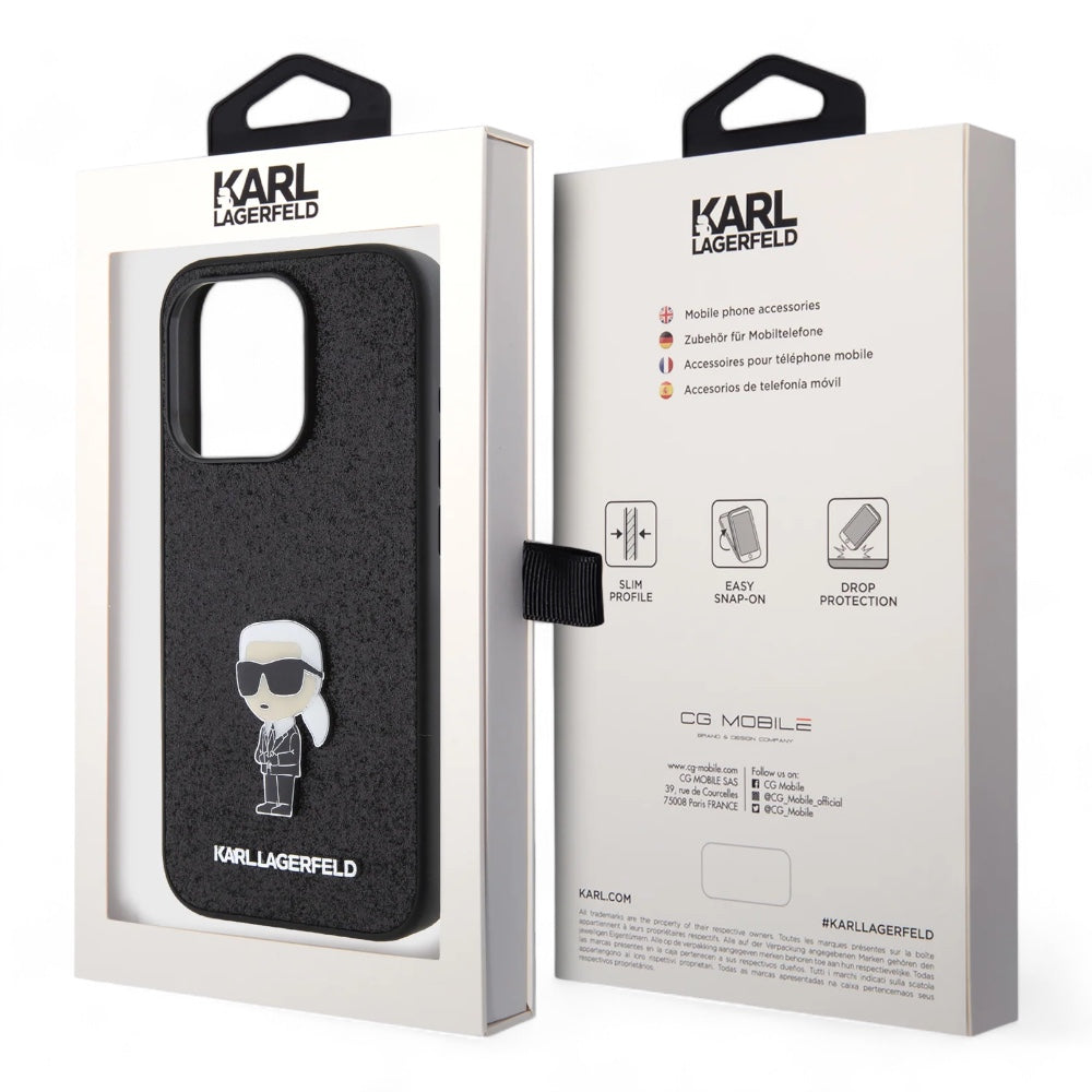 Estuche karl lagerfeld hard case iphone 15 pro  - pc/tpu black hard case ikonik fixed glitter ikonik logo metal pin color negro