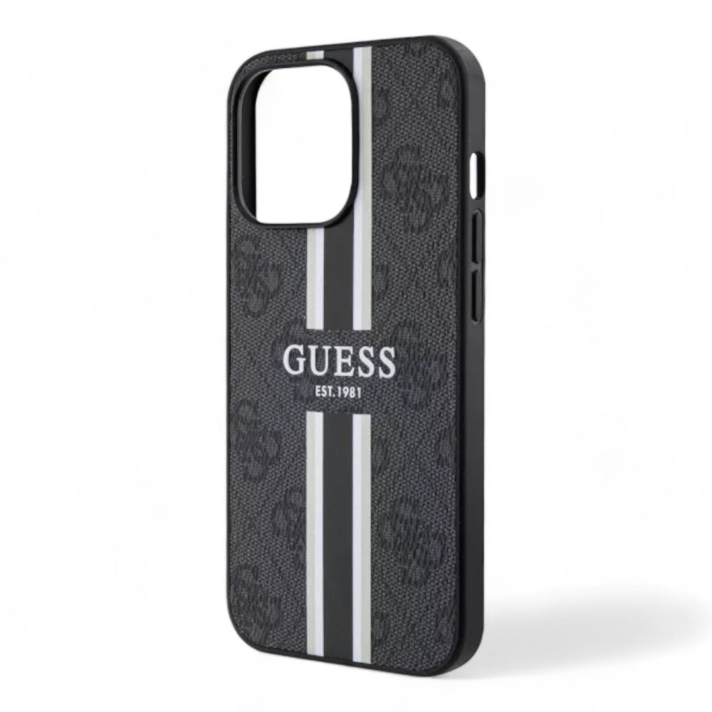 Estuche guess hard case iphone 15 pro max - pu leather black hard case 4g printed stripes color negro