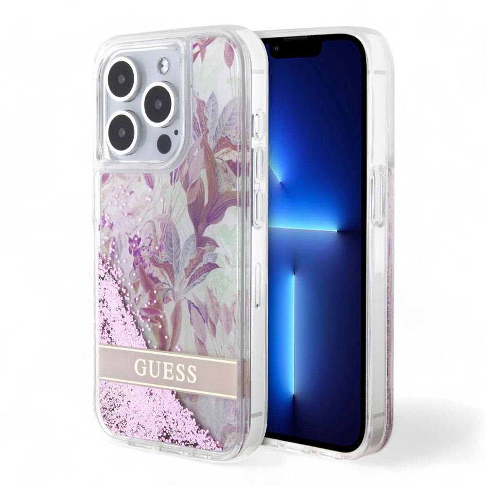 guess hard case iphone 15 pro pc/tpu pink hard case liquid glitter flower - guess color transparent