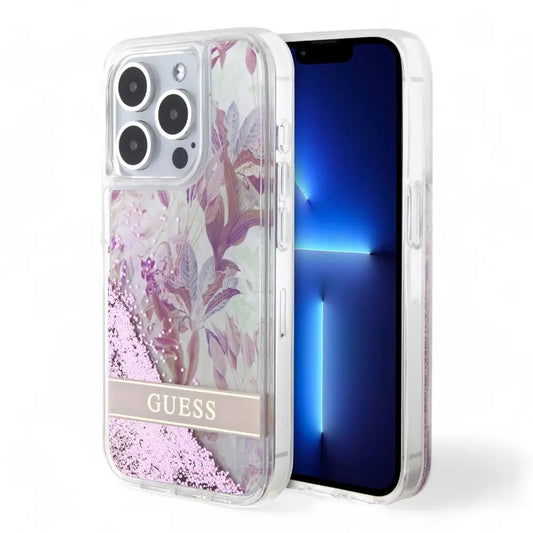 Estuche guess hard case iphone 15 pro  pc/tpu pink hard case liquid glitter flower - guess color transparente DIGITALSHOP