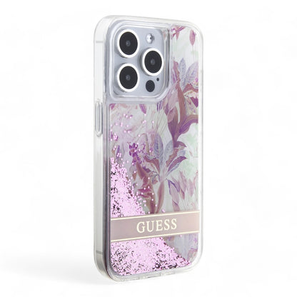 guess hard case iphone 15 pro pc/tpu pink hard case liquid glitter flower - guess color transparent