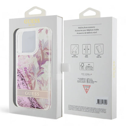 guess hard case iphone 15 pro pc/tpu pink hard case liquid glitter flower - guess color transparent