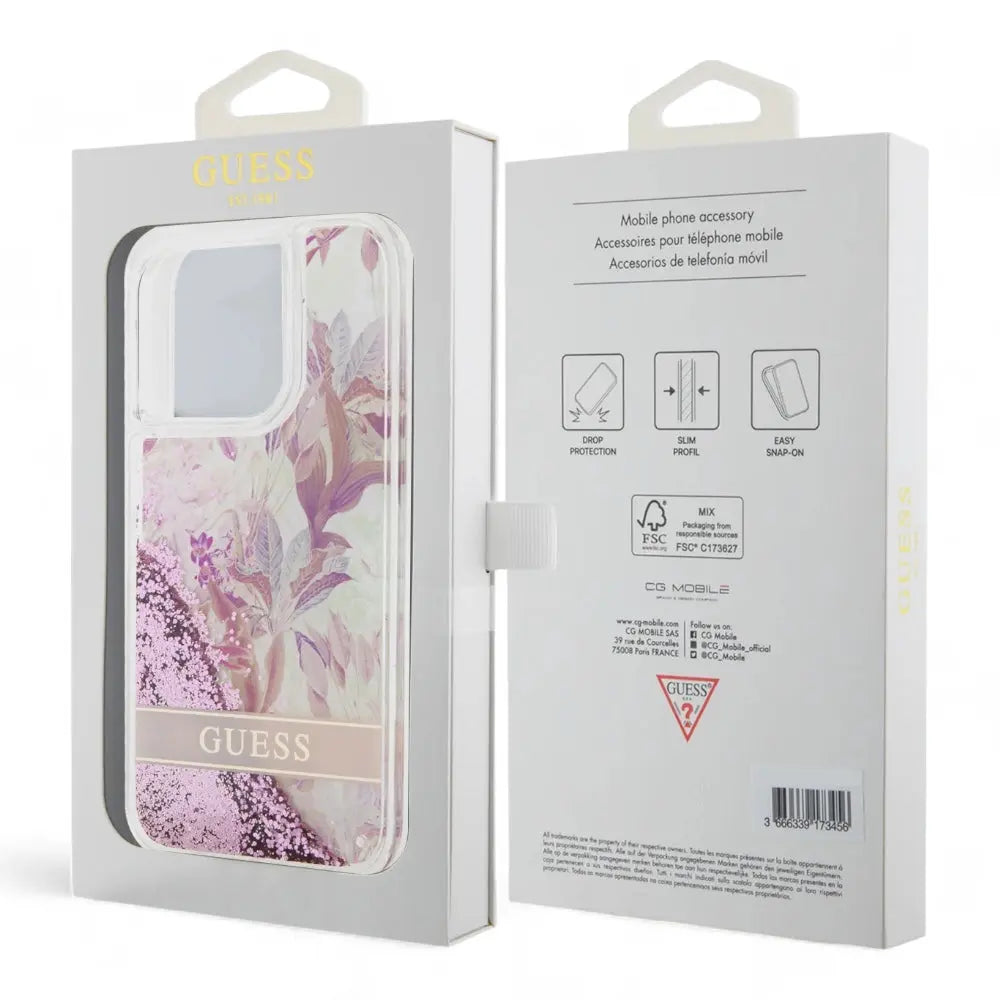 Estuche guess hard case iphone 15 pro  pc/tpu pink hard case liquid glitter flower - guess color transparente DIGITALSHOP