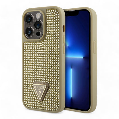 Estuche guess hard case iphone 15 pro pc/tpu gold hard case rhinestone triangle color dorado