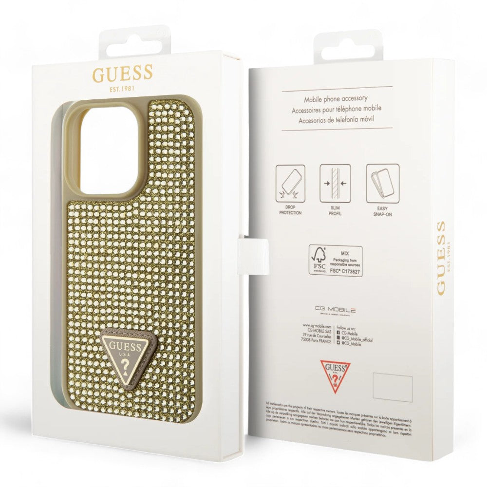 Estuche guess hard case iphone 15 pro pc/tpu gold hard case rhinestone triangle color dorado