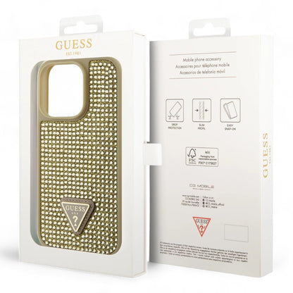 Estuche guess hard case iphone 15 pro pc/tpu gold hard case rhinestone triangle color dorado