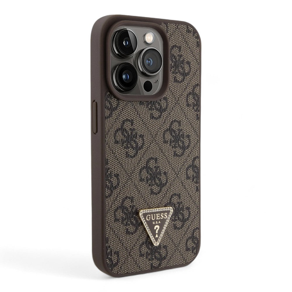 Estuche guess hard case iphone 15 pro pu leather brown hard case metal logo strass crossbody color caf_