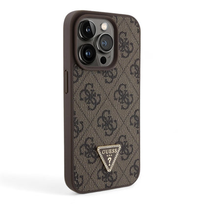 Estuche guess hard case iphone 15 pro pu leather brown hard case metal logo strass crossbody color caf_