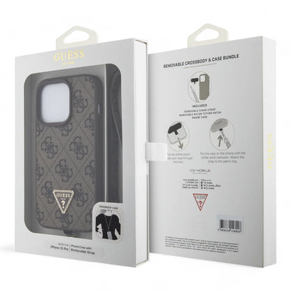 Estuche guess hard case iphone 15 pro pu leather brown hard case metal logo strass crossbody color caf_