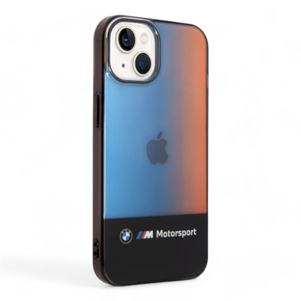 Estuche bmw hard case iphone 14 tpu black motorsport collection iml case printed middle tricolor fading stripe color negro