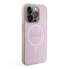 Estuche guess magsafe iphone 15 pro pu leather pink hard case saffiano color rosado