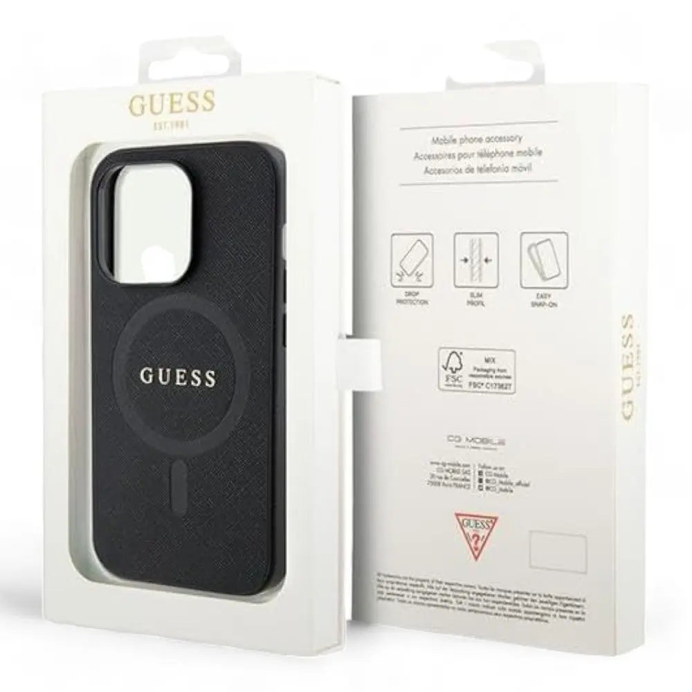 Estuche guess magsafe iphone 15 pro pu leather black hard case saffiano magsafe color negro DIGITALSHOP