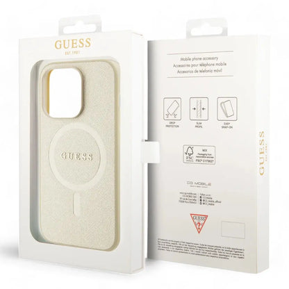 Estuche guess magsafe iphone 15 pro pu leather beige hard case saffiano magsafe  color beige DIGITALSHOP